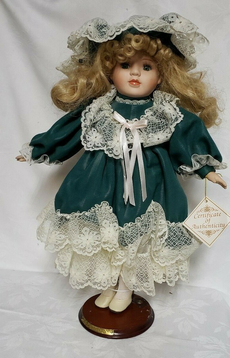 Soft Expressions Collectible Porcelain Blonde Doll in Lacy Green Dress