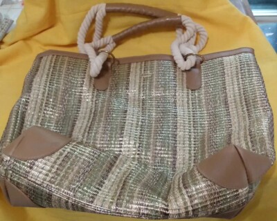 Sun N' Sand Straw Gold Metallic Tote Bag Rope Handles Snap Closure Green Tan VGC