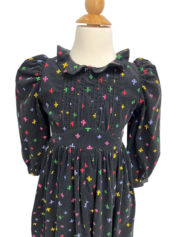 Vestido de pana vintage plumas de ratón negro multicolor estampado de lanza talla 6X Foto 3 de 4