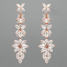 ROSE GOLD Plated Cubic Zirconia CZ Wedding Bridal Drop Dangle Earrings Flower 84