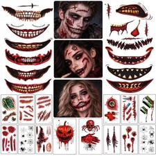 Halloween Zombie SFX Temporary Tattoos 26PCS Scary Fake Scar Mouth Stickers