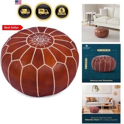 Genuine Leather Round Pouf Cover - Handmade Moroccan Ottoman Footstool, Unstu...