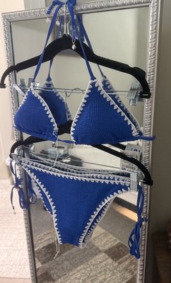 Read* Bebe Blue Rib Texture Crochet trim Bikini Swim Bottom Women's Size L Large