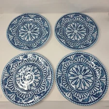 Blue & White Melamine Dinner Plates w/ a Mandala-like Design & Rope-textured Rim