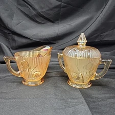 Jeanette Iris & Herringbone Marigold Carnival Glass Creamer & Sugar Bowl w/ Lid