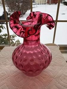 Fenton Satin Frosted Coin Dot Cranberry Pink Ruffled Vase