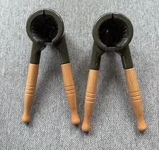 Vintage Set of 2 Wood Handle Heavy Metal Nut Crackers Pecan Walnut Kitchen Tool