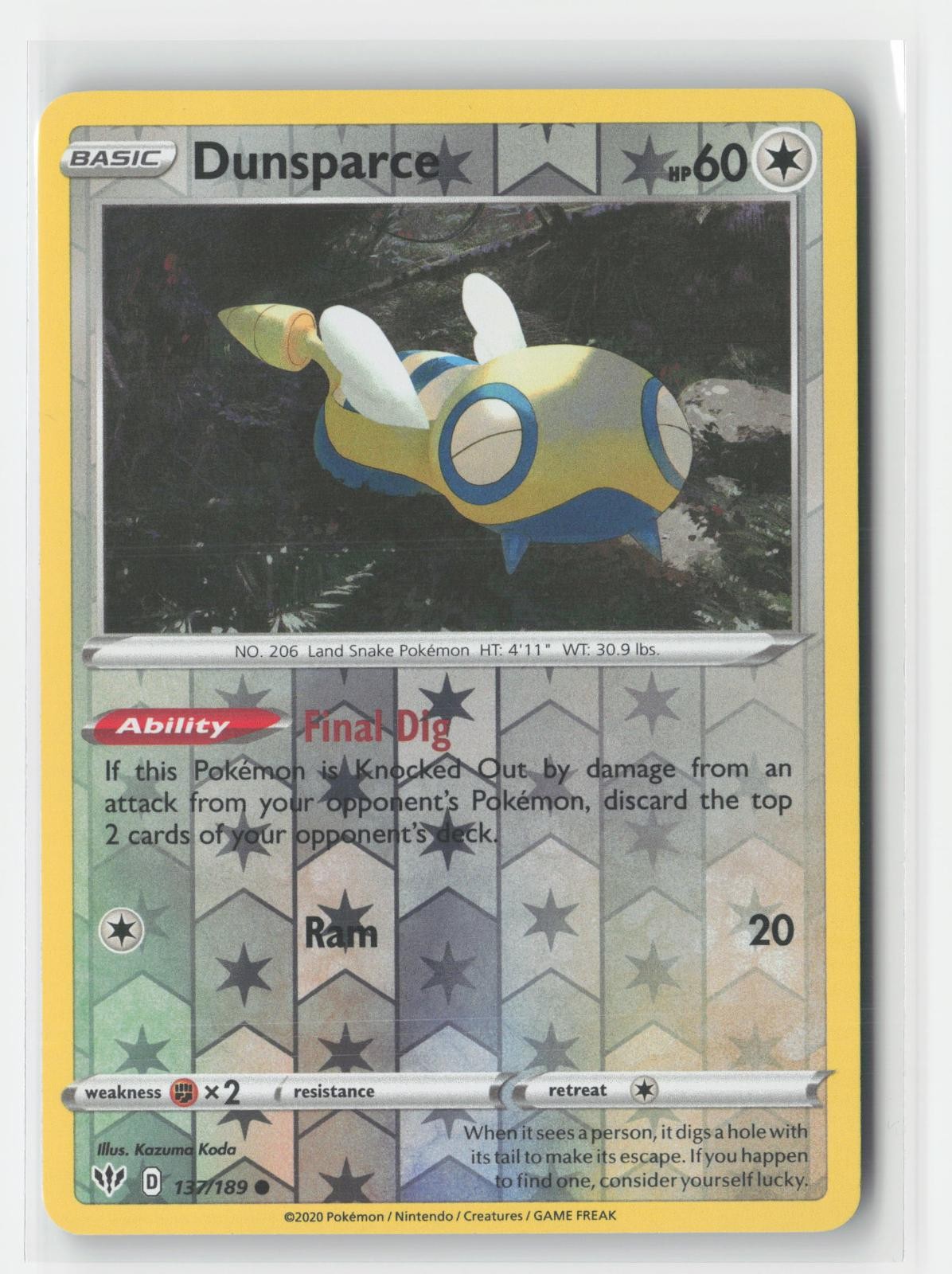 Dunsparce Reverse Holo Darkness Ablaze 137/189 C Pokemon NM