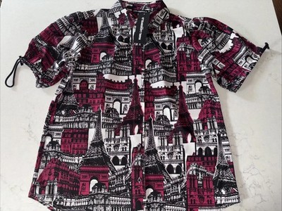 NWT Karl Lagerfeld Paris Womens S Short Sleeve Eiffel Tower Print Blouse