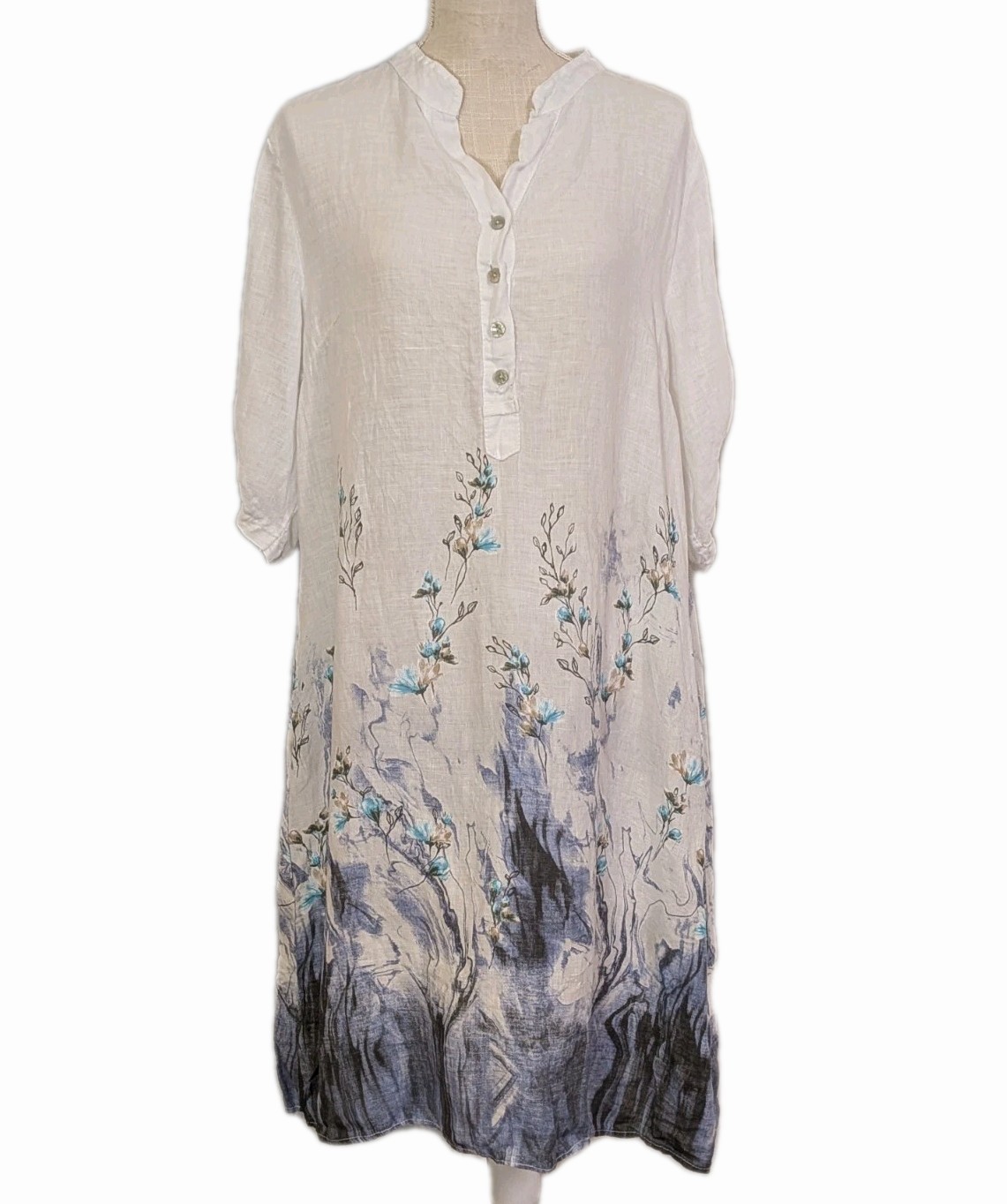 100% Lino Italy Linen Lagenlook Tunic Midi Dress Floral Pockets V Neck Size M