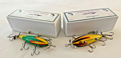 2-Folk Art Handmade Wood minnow LURES +BOXES Bayou , signed plug