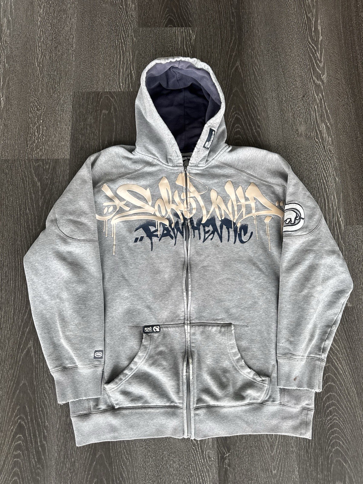 Rare Grey And Blue Ecko Unltd Hoodie Size XL With Fading And Wear Zip Up
