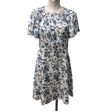 Rebecca Taylor Silk A Line Dress Womens 4 Blue Floral Flare Sleeve Coquette
