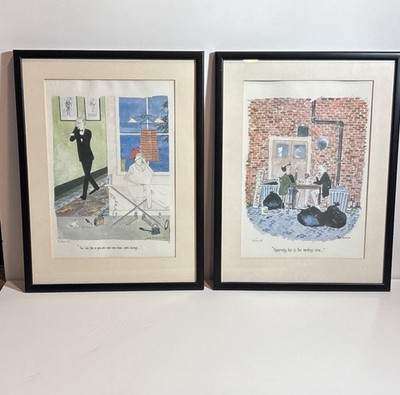 Annie Tempest Tottering-by-Gently Signed Framed Prints Pair British Cartoons