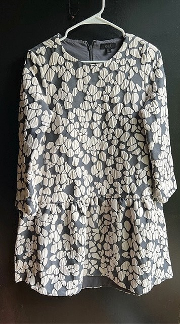 cos peplum dress COS Dress Womens 8 Navy Blue Short Sleeve Peplum Style Cut Out Eyelet Midi