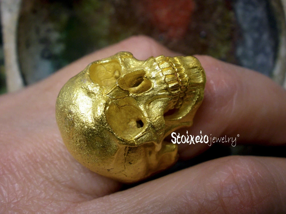 Anel masculino caveira de ouro, folheado a ouro amarelo prata esterlina 925 caveira - Imagem 3 de 4