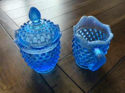 VTG Fenton Hobnail Covered Sugar and Creamer Blue Opalescent 1990s - Picture 2 of 8