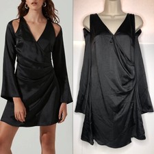 ASTR Cutout Shoulder Black Satin Mini Dress Side Waist Pleated Goth Fairy Grunge