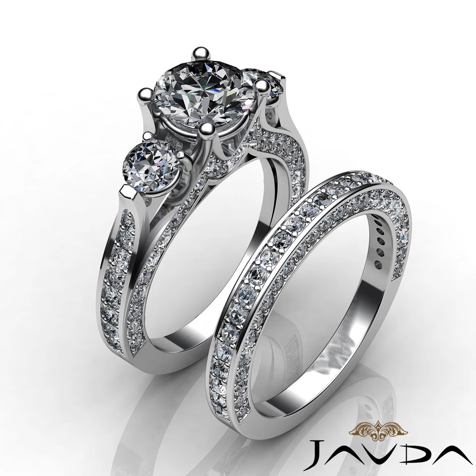 3 石新娘套装圆形钻石订婚戒指 GIA F SI1 14k 白金 4.5 克拉 — 第 3/4 张图片