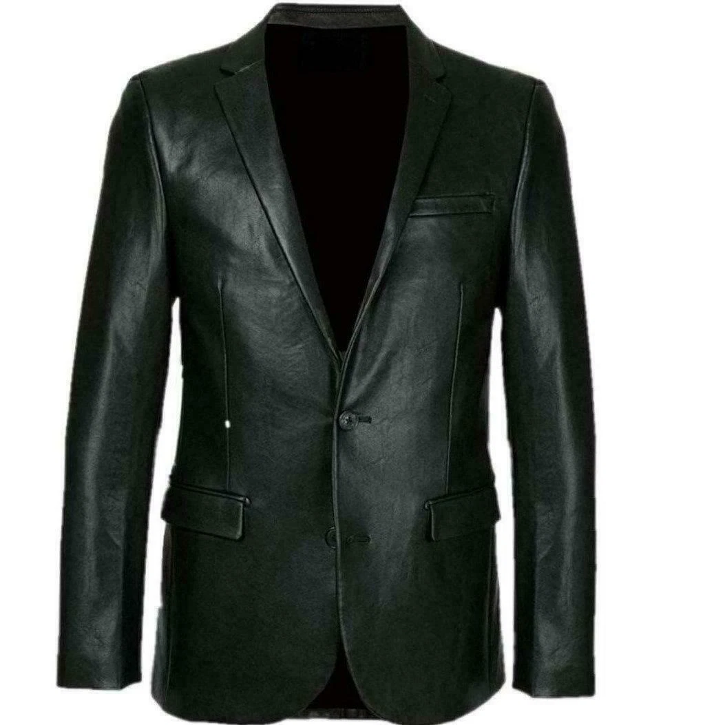 Men's Black Leather Blazer Soft Lambskin TWO-BUTTON Genuine Leather Jacket Coat