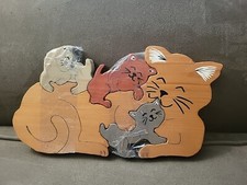 Vintage Handmade Wooden Cat Family 4 , Nested/Puzzle, GC Signed