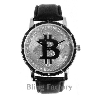 Men Iced BITCOIN Dial Hip Hop Silver PT Leather Band Fashion Urban Style Watch
