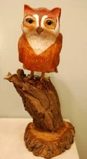 Vintage OWL ON TREE STUMP Wood Sculpture OUTSIDER FOLK ART Hand Carved Signed  