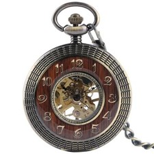 Bronze Arabic Number Case Men Women Hand-wind Mechanical Pocket Watch FOB Chain