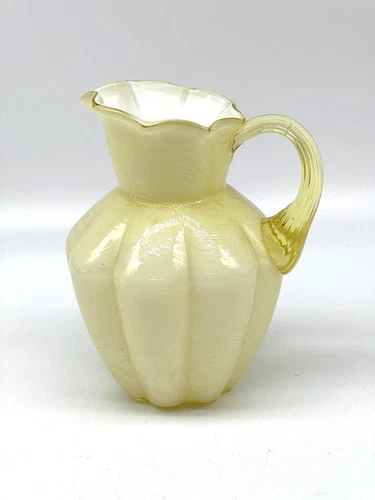 Vintage Fenton Art Glass Yellow Feather Small Pitcher Vase