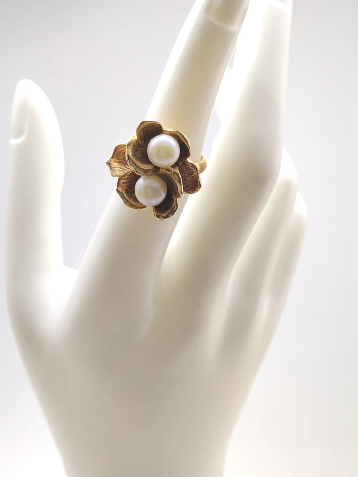 Anel de pérola falsa flor dupla ajustável tom dourado tamanho US5.5-6.5 joia presente - Imagem 2 de 4