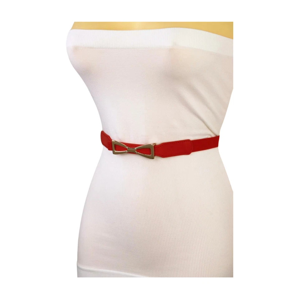 Mujeres Cintura Elástica Roja Ajustada Fina Moda Cinturón Dorado Metal Arco Hebilla S M Foto 2 de 4