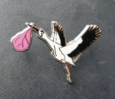 PINK STORK CARRYING NEW BABY ITS A GIRL DELIVERY LAPEL PIN 1.5 INCHES