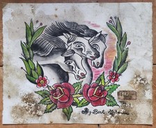 huge antique shop print bert grimm pike pharoahs horses rose tattoo flash 18x22