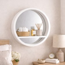 Round Wall Mirror With Shelf White Wooden Home Decoration Porthole Display 35cm