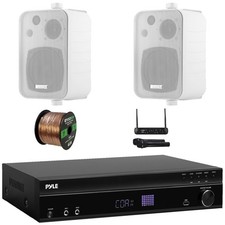 Pyle Bluetooth Amp Receiver, 2x 4" 30W 3-Way Indoor/Outdoor Speakers W/ Mic