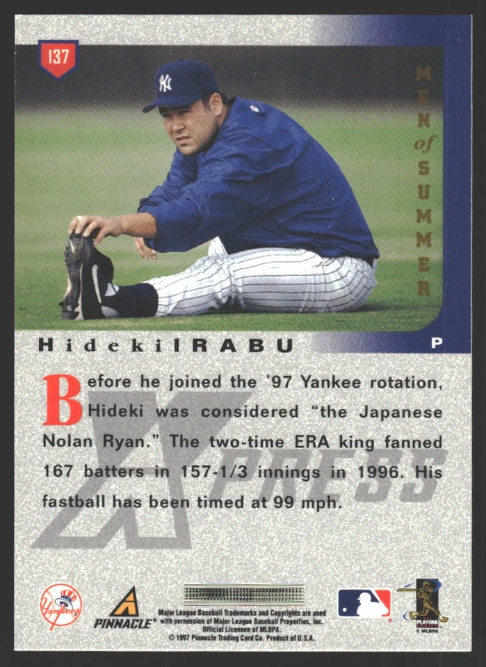 Hideki Irabu #137 1997 Pinnacle X-Press Men-of-Summer New York YankeesRC Rookie - Image 2 of 2