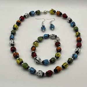 Multicolor Art Glass Lady Bug Beaded Necklace Bracelet Earrings Set Lampwork