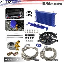 13 Row 10AN Oil Cooler Kit w/Thermostatic Adaptor+ Bracket +7" Electric Fan Blue