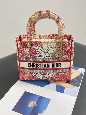 Dior Lady Dior Medium Bag White Red Heart Floral Embroidery Gold