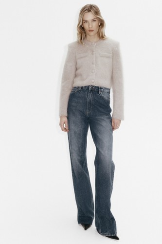 H&M Damen-Cardigan Mohair-Mischung hellgreige Schulterpolster Strick kurz neu mit Etikett - Bild 2 von 6