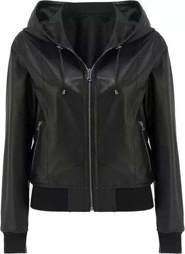 Women's Best-Selling Trending Reversible Black Bomber Leather Jacket with Hood - Picture 8 of 10