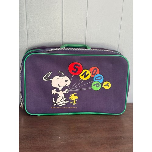 Vintage Snoopy Peanuts Kids Suitcase Navy Blue Green Aviva Travel Bag 16" Taiwan