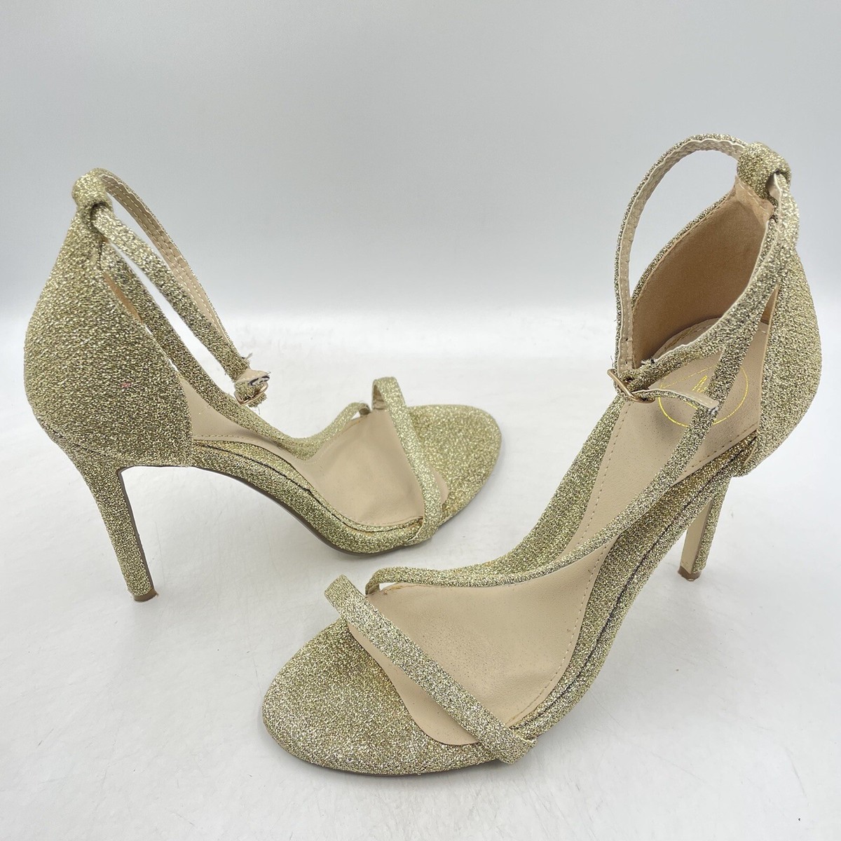 MISSGUIDED GOLD LUREX HIGH HEEL SANDALS GLITTER SHIMMER STILETTOS Y2K Size  UK