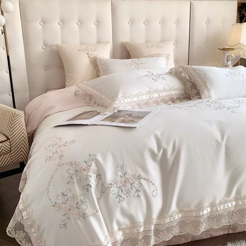 Bedding Set 4pcs 100s Cotton Embroidery Lace Flowers Duvet Cover Flat Sheet Set - Image 3 of 4
