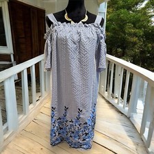 London Times Blue White Striped Floral Embroidered Cold Shoulder Dress Womens 10