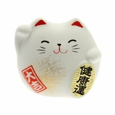 Japanese 2"H White Maneki Neko Happy Lucky Cat Earthenware HEALTH Made in Japan