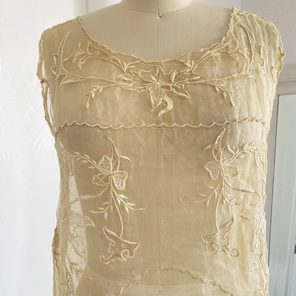 RARO Antiguo Eduardiano Años 20 Exhibición Inspo Pieza Bordada a Mano Slip Tank LEER Foto 2 de 4