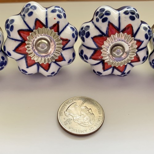 4 Porzellan Ziehen Knöpfe Blume blau rot weiß Hardware 1,5"" Land Farm - Bild 4 von 11