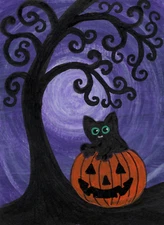 ACEO Mini **Art Print** Black Kitty Cat Kitten & Halloween Pumpkin by Saulite