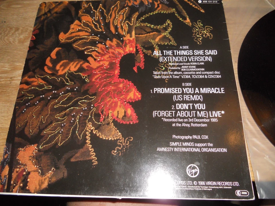 SIMPLE MINDS ALL THE THINGS SAID 1986 NCB GERMAN VINYL MAXI SINGLE VIRGIN + LIVE - Image 3 of 4